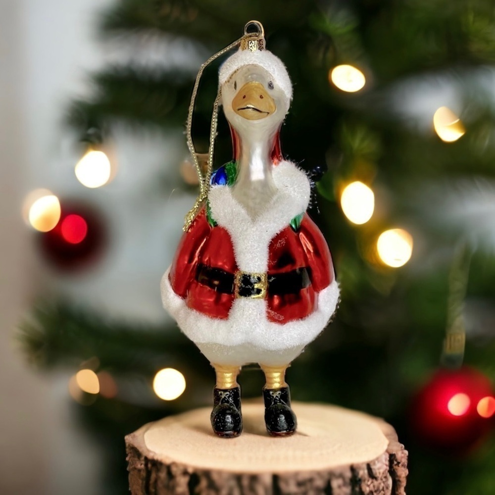 Vintage Hand Blown Mercury Glass Santa Duck Ornament Flocked Anthropomorphic 6”
